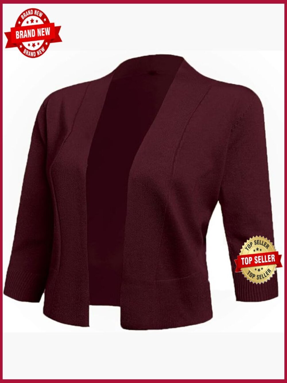 Open Front Cropped Cardigan 3/4 Sleeve Soft Shrug